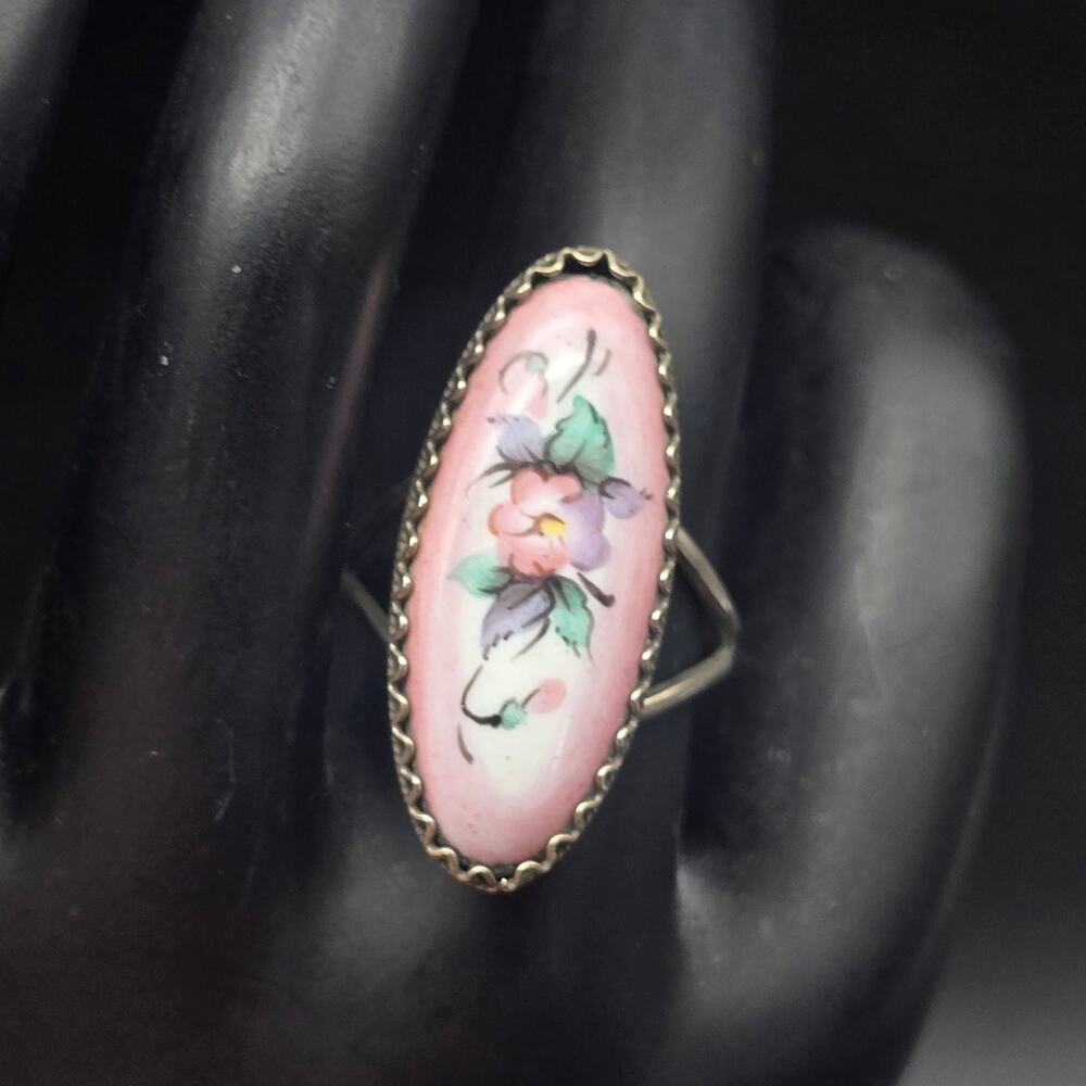 Vintage Hand Painted Russian Floral Ring Size 7 Pink
